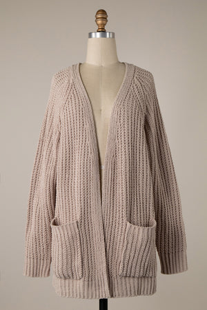 RIBBED TRIM CABLE KNIT CHENILLE CARDIGAN 1 PACK